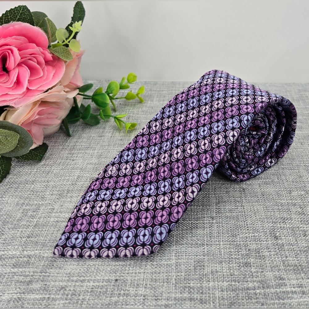 Vintage 7 Downie Street Italy Floral Checkered Neck Tie 100% Silk Purple